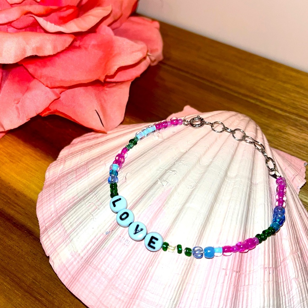 3/$11 Beaded Bracelet/Anklet: “Love” - Handmade